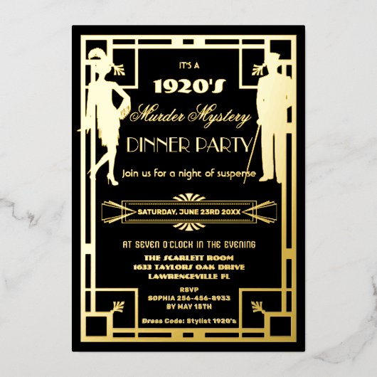 Art Deco Roaring 20s Murder Mystery Party Real Folieneinladung (Vorderseite)
