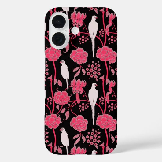 ART DECO rosa BLUME, WEISSE PARRONEN AUF SCHWARZ Case-Mate iPhone Hülle (Rückseite)
