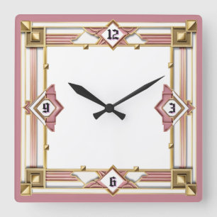 Art Deco Rosa Quadratische Wanduhr