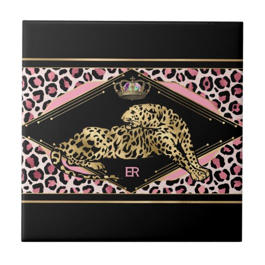 Art Deco Rosa und Gold Leopard Fliese (Vorderseite)