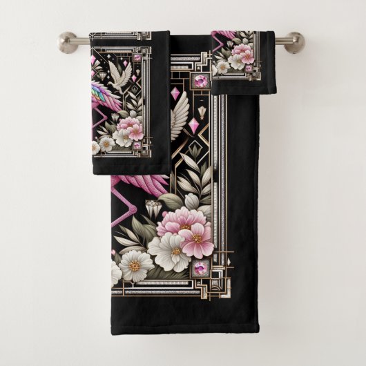 Art Deco Rosa und Regenbogen Flamingo Badhandtuch Set (Insitu)