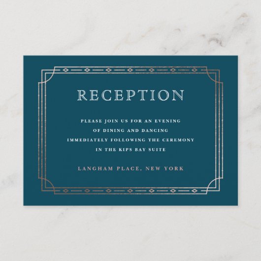 Art Deco Rose Aquamarine Hochzeitsempfang Begleitkarte (Vorderseite)