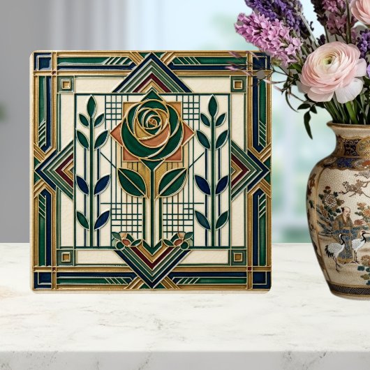 Art Deco Rose Geometric Emerald Green Tile Fliese