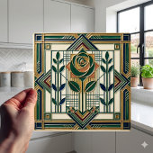 Art Deco Rose Geometric Emerald Green Tile Fliese