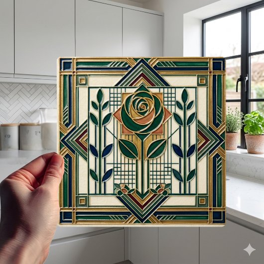 Art Deco Rose Geometric Emerald Green Tile Fliese