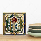 Art Deco Rose Red Blue Green Gold Floral Art Tile Fliese