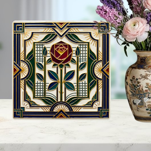 Art Deco Rose Red Blue Green Gold Floral Art Tile Fliese