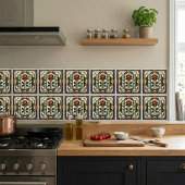 Art Deco Rose Red Blue Green Gold Floral Art Tile Fliese