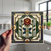 Art Deco Rose Red Blue Green Gold Floral Art Tile Fliese