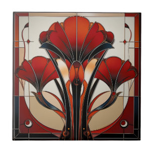 Art Deco Rot Schwarz Weiß Abstrakt Floral Fliese