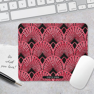 Art Deco Rot Schwarz Weiß Klassisches Pfauenmuster Mousepad