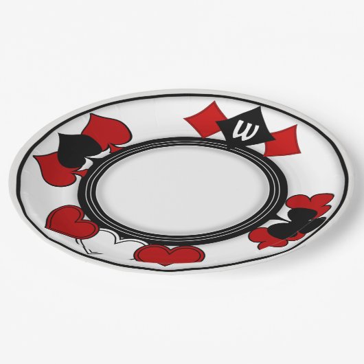 Art Deco Rot und Black Card Anzug Mit Monogramm Pappteller (Schrägansicht)