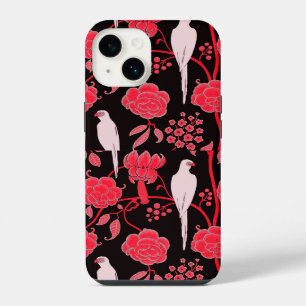 ART DECO ROTE BLUMEN, WEISSE PAPAGEIEN AUF SCHWARZ iPhone HÜLLE