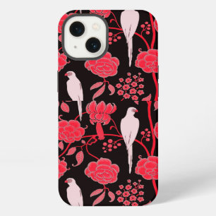 ART DECO ROTE BLUMEN, WEIßE PAPAGEIEN AUF SCHWARZ iPhone HÜLLE