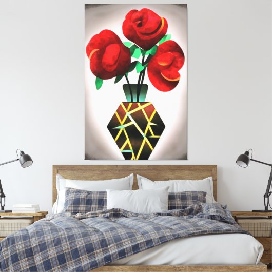 Art-Deco-Rote Rosen im Vase Abstrakt Art Leinwanddruck (Insitu (Schlafzimmer))