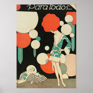 Art Deco Rotkopf-Frauenplakat – Geometrisch 1920er Poster
