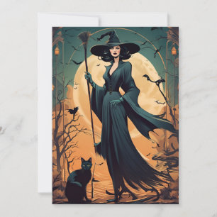 Art Deco Rotzunge mit schwarzer Katze und Vollmond Feiertagskarte