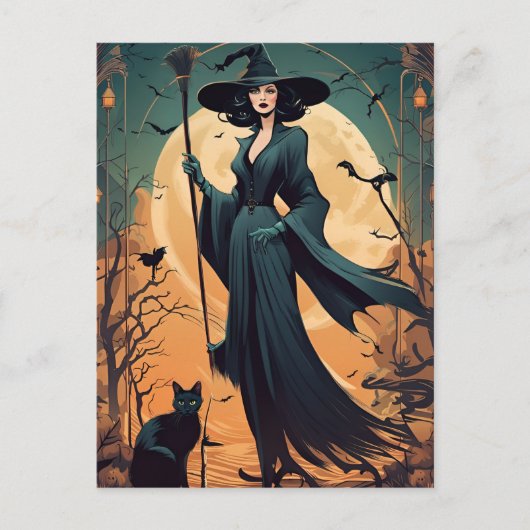 Art Deco Rotzunge mit schwarzer Katze und Vollmond Postkarte (Vorderseite)