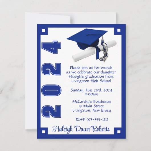Art Deco Royal Blue & White Graduation Einladung (Vorderseite)