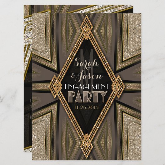Art Deco Rustic Goldene Romantik Verlobung Einladung (Vorne/Hinten)