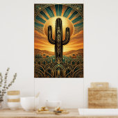 Art Deco Saguaro Cactus Sunburst Desert Gold Teal Poster (Küche)