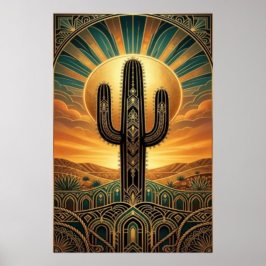 Art Deco Saguaro Cactus Sunburst Desert Gold Teal Poster (Vorne)