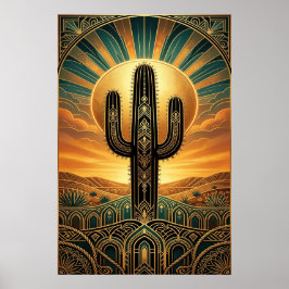 Art Deco Saguaro Kaktus Sonnenaufgang Wüste Gold T Poster