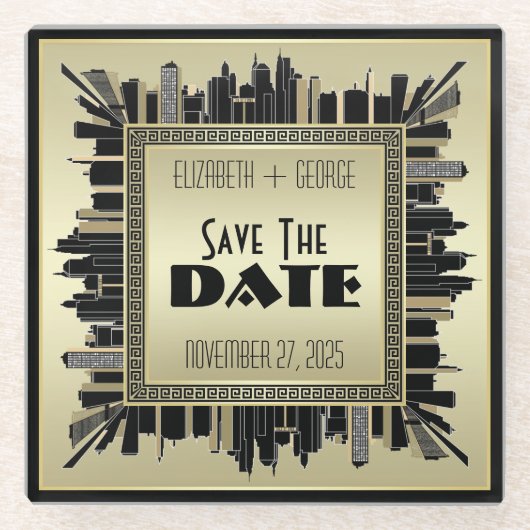 Art Deco Save the Date Champagne Gold Gatsby Glam Glasuntersetzer (Vorderseite)