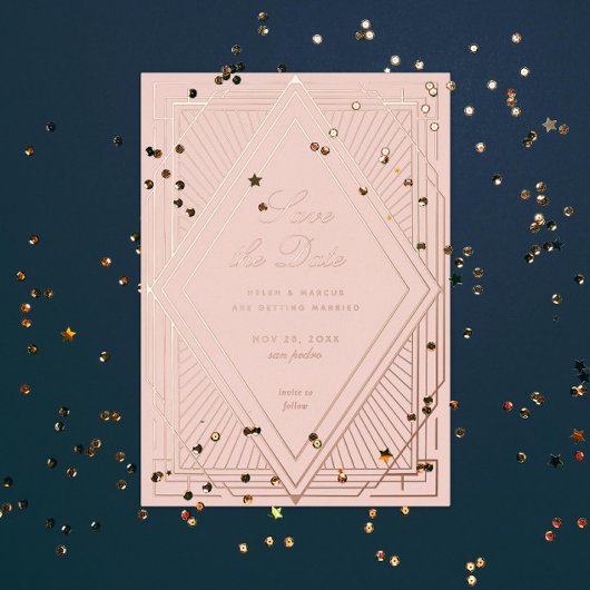 Art Deco Save the Date Diamond Blush Rose Gold Folieneinladung