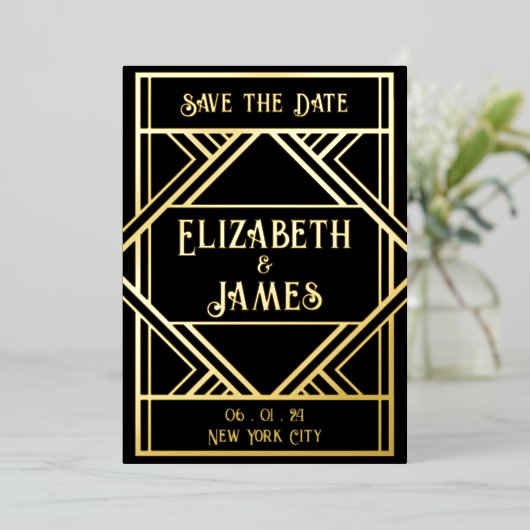 Art Deco Save the Date Folieneinladung (Stehend vorne)