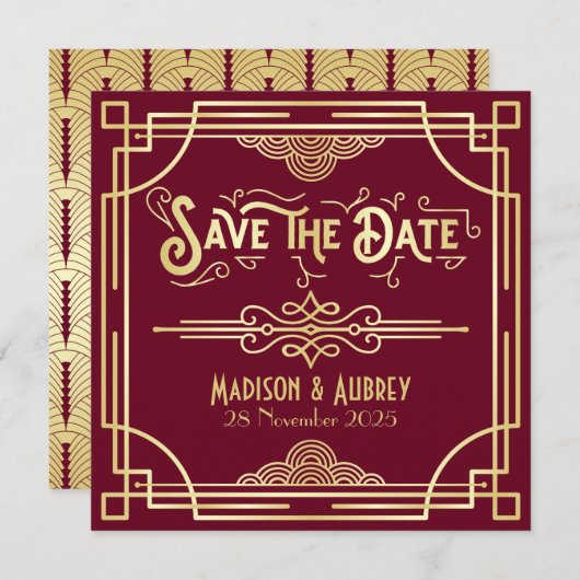 Art Deco Save the Date Gold Burgundy Great Gatsby (Vorne/Hinten)