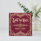 Art Deco Save the Date Gold Burgundy Great Gatsby (Stehend Vorderseite)