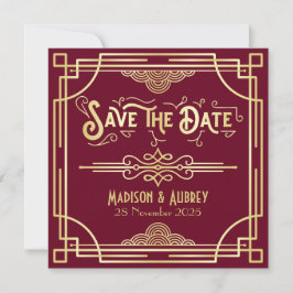 Art Deco Save the Date Gold Burgundy Great Gatsby