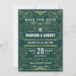 Art Deco Save the Date Hochzeit Elegantes Gold Grü Einladung