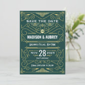 Art Deco Save the Date Hochzeit Elegantes Gold Grü Einladung (Stehend Vorderseite)