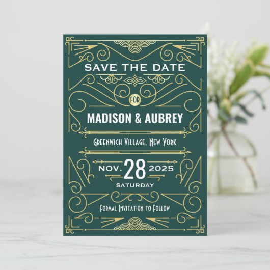 Art Deco Save the Date Hochzeit Elegantes Gold Grü Einladung (Stehend Vorderseite)