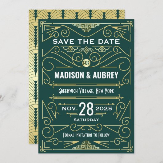 Art Deco Save the Date Hochzeit Elegantes Gold Grü Einladung (Vorne/Hinten)