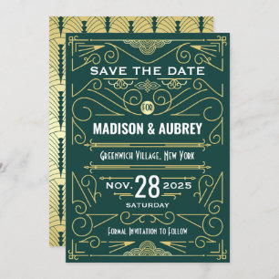 Art Deco Save the Date Hochzeit Elegantes Gold Grü Einladung