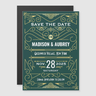 Art Deco Save the Date Hochzeit Elegantes Gold Grü Magneteinladung
