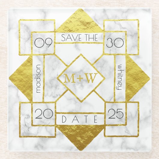 Art Deco Save the Date Weißer Marmor Glasuntersetzer (Vorderseite)