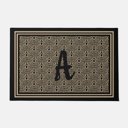 Art Deco Scallops Black Tan Custom Monogram Design Fußmatte (Vorderseite)