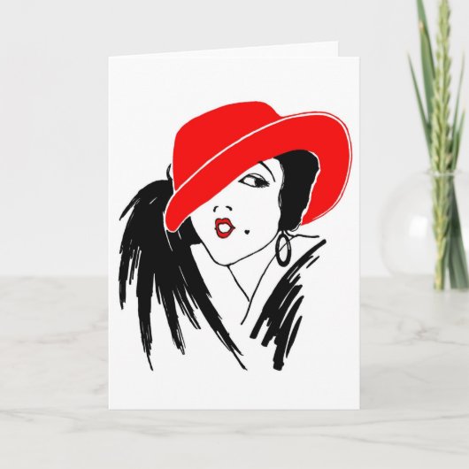 Art Deco Schöne Frau Red Hat Karte (Vorderseite)