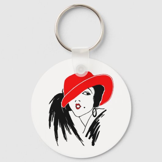 Art Deco Schöne Frau Red Hat Schlüsselanhänger (Vorderseite)