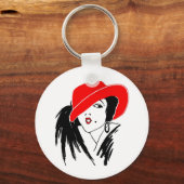 Art Deco Schöne Frau Red Hat Schlüsselanhänger (Vorderseite)