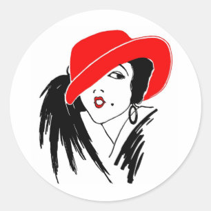 Art Deco schöne Frau roter Hut Runder Aufkleber