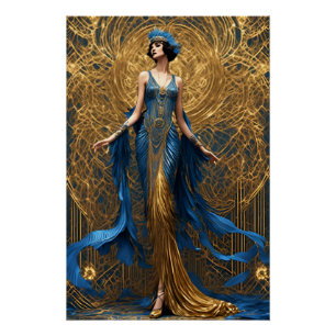 Art Deco Schöne Frauen Blau und Gold Poster