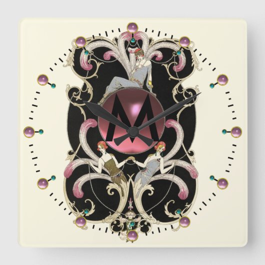 ART DECO SCHÖNHEIT FASHION PINK GEMSTONE MONOGRAMM QUADRATISCHE WANDUHR (Vorderseite)