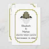 Art Deco schwarz-gelbe Hochzeit Sichern des Datums Ankündigungspostkarte (Vorne/Hinten)