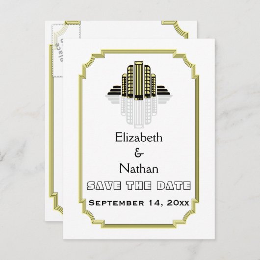 Art Deco schwarz-gelbe Hochzeit Sichern des Datums Ankündigungspostkarte (Vorne/Hinten)