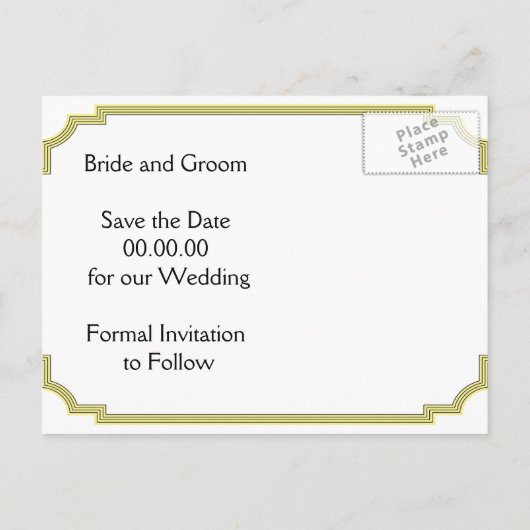 Art Deco schwarz-gelbe Hochzeit Sichern des Datums Ankündigungspostkarte (Rückseite)